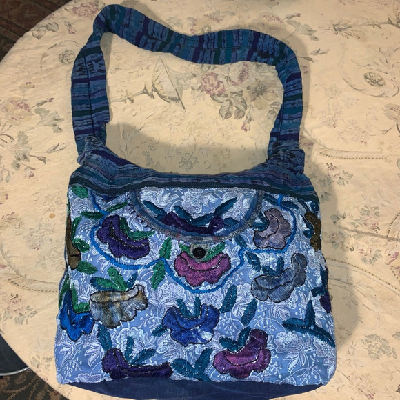 Women's boho Blue Purple Floral Embroidered Shoulder Bag - Picture 1 of 11